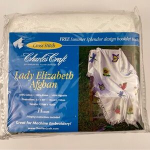Charles Craft Lady Elizabeth Afghan 52x 60 Cross Stitch Blanket White 14 Count